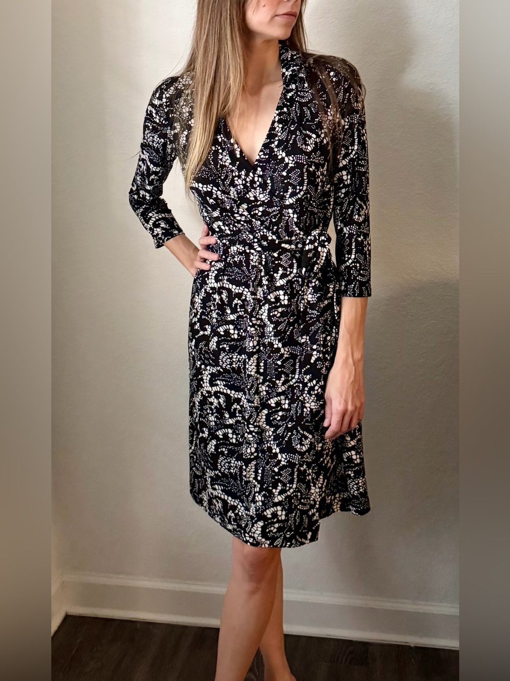 Nine West Black and White Wrap-Style Long Sleeve Dress